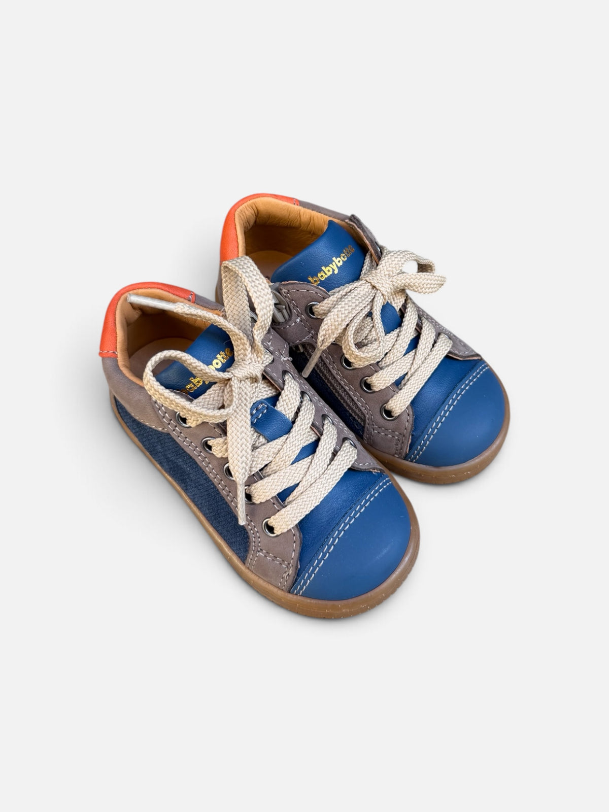 Baskets enfant Babybotte Frida – Bleu, taupe & orange